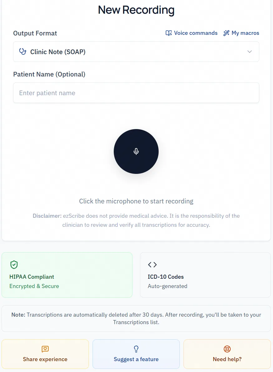 ezScribe New Recording screen with SOAP output format, voice commands and macros ready